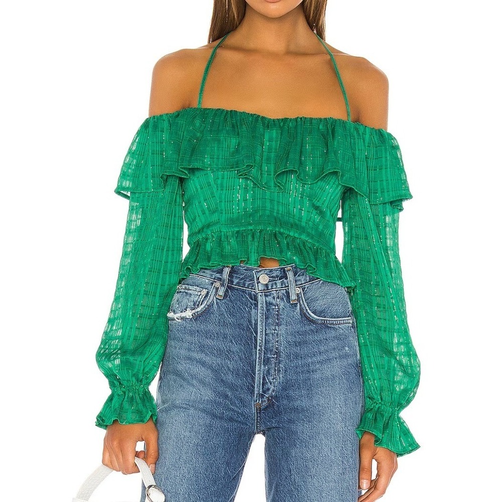 Lovers + Friends Allen Ruffle Off Shoulder Halter Crop Top Green Small Revolve